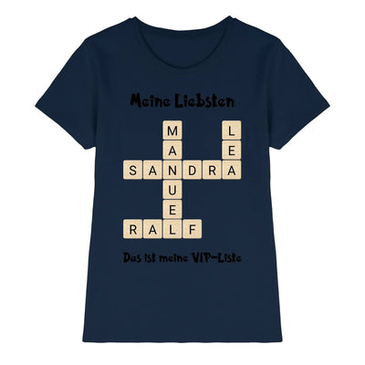 Navyblaue damen t-shirt mit kreuzwortmotiv und cremefarbenen buchstaben meine liebsten und das ist meine vip liste