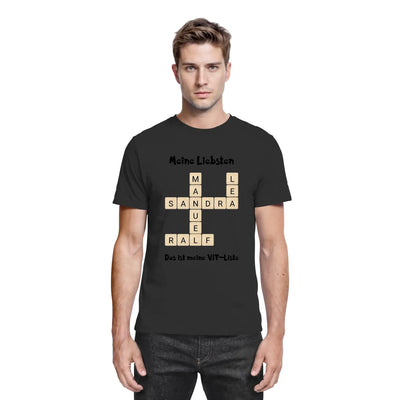 Schwarzes baumwoll-t-shirt mit kreuzwort-motiv aus beigen buchstaben kacheln und text das ist meine vip-liste