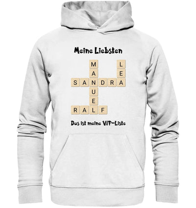 Weißer hoodie mit kreuzwort-design meine liebsten und das ist meine vip-liste beige buchstaben statement-collection