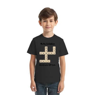 Schwarzes kurzarmshirt mit kreuzwort-design beige buchstaben meeine liebsten und vip-list aus der statement-collection