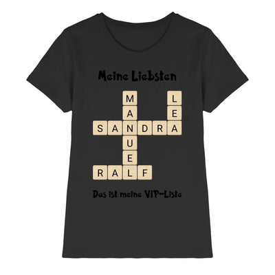 Schwarzes damen t-shirt mit kreuzwort-design in beigen buchstabenkacheln und deutscher rahmung aus der statement-collection