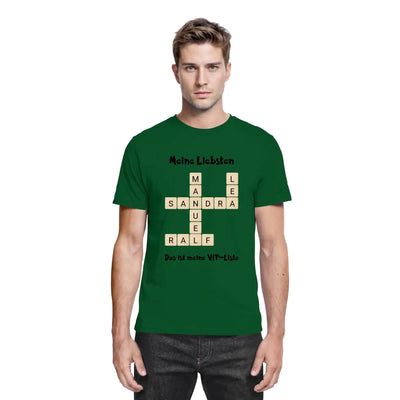 Dunkelgrünes baumwoll-tshirt mit kreuzwort-design und beige buchstabenfliesen aus der statement-collection