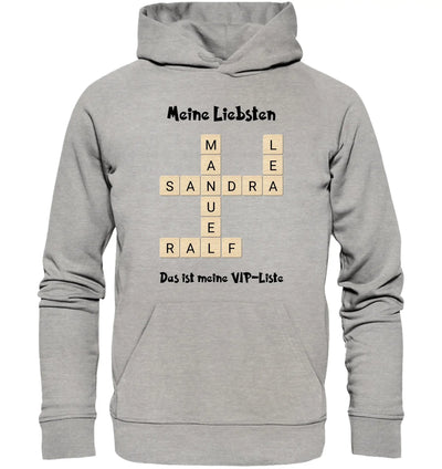 Grauer hoodie mit kreuzwort motiv und holzstruktur buchstaben meime liebsten und das ist meine vip liste