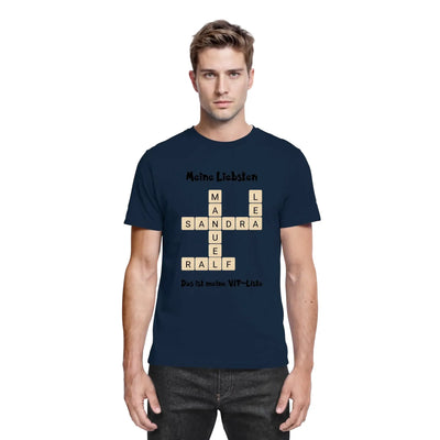 Navyblaues t shirt mit kreuzwort motiv mit den namen sandra und ralf beige buchstaben me