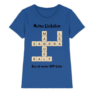 Blaues damen t-shirt mit kreuzwort-motiv meine liebsten und das ist meine vip liste aus beigen scrabble-fliesen