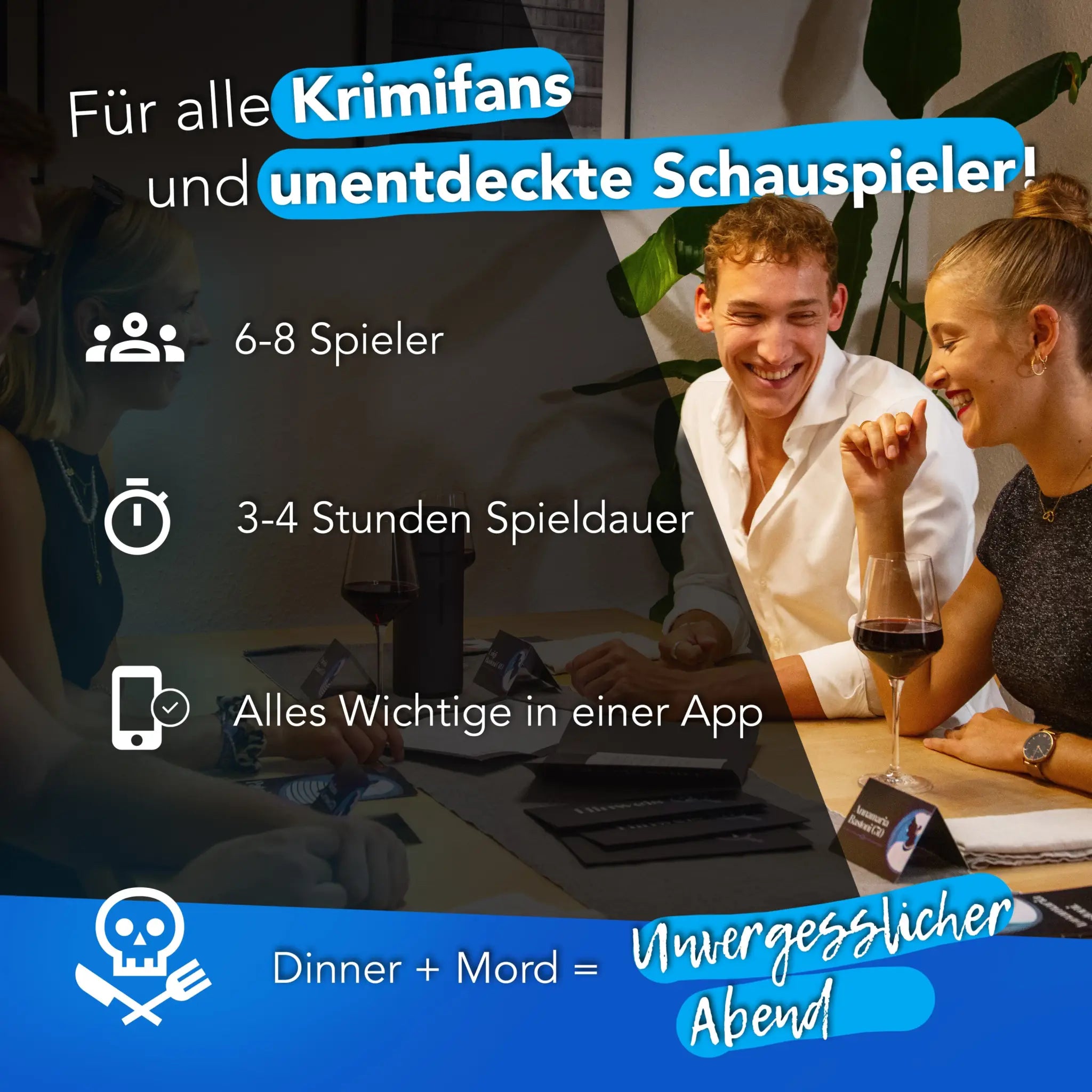 Ein schwarzes tablet liegt auf einem tisch neben weingläsern für krimidinner das letzte konzert 6-8 personen