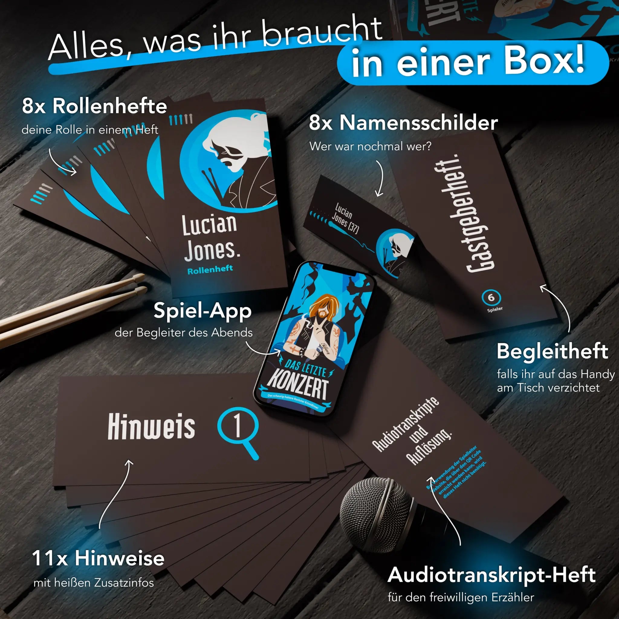 Ein schlankes schwarzes smartphone zeigt die lebendige blaue und weiße spielapp das letzte konzert mit lucian jones artwork