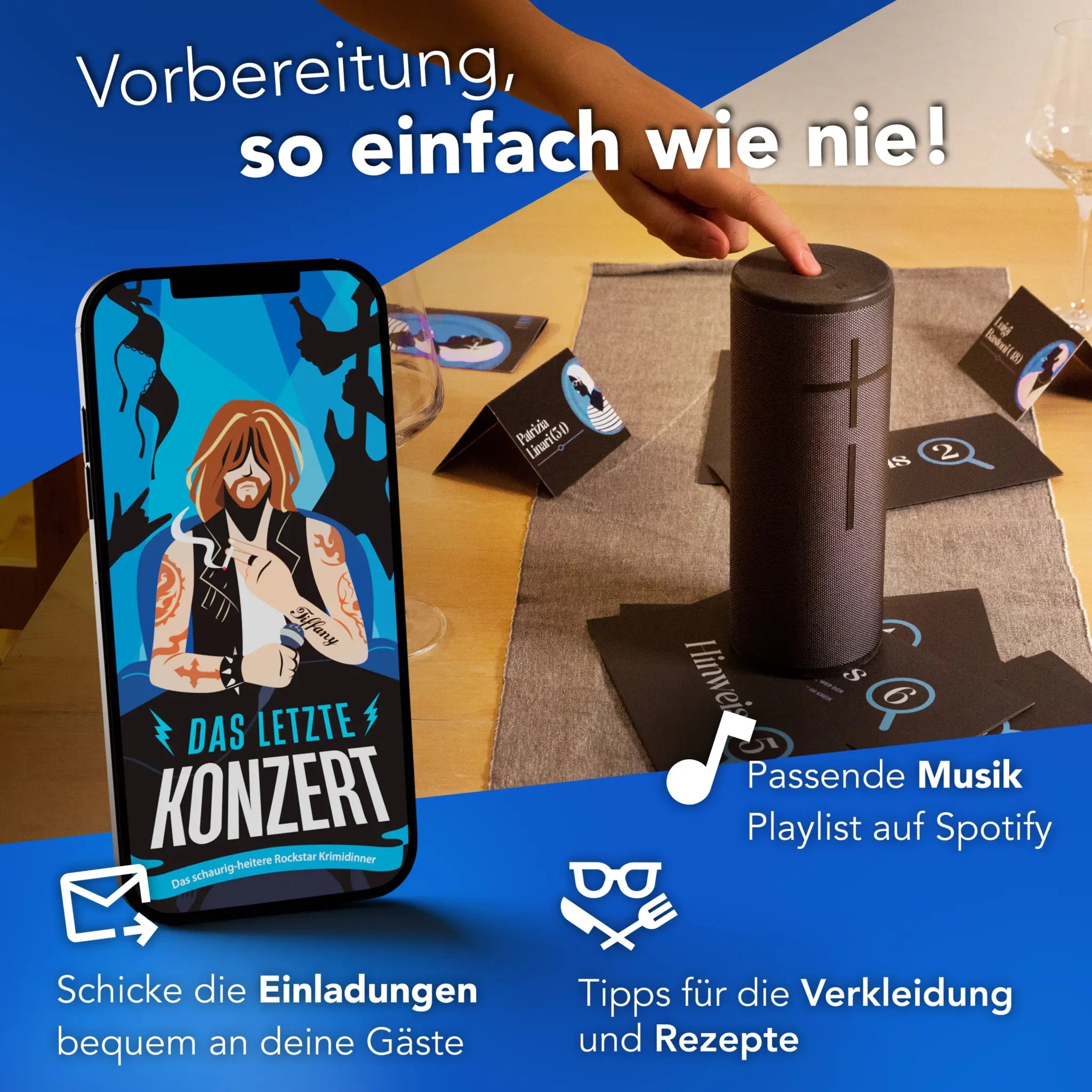 Schwarzer zylindrischer speaker mit strukturierter oberfläche und zentralem logo für krimidinner das letzte konzert 6-8 personen