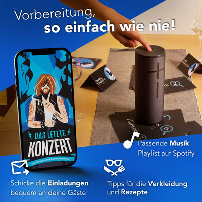 Schwarzer zylindrischer speaker mit strukturierter oberfläche und zentralem logo für krimidinner das letzte konzert 6-8 personen