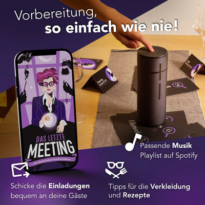 Schwarzer zylindrischer lautsprecher mit strukturierter oberfläche und rundem knop oben zum krimidinner das letzte meeting 8-10 personen