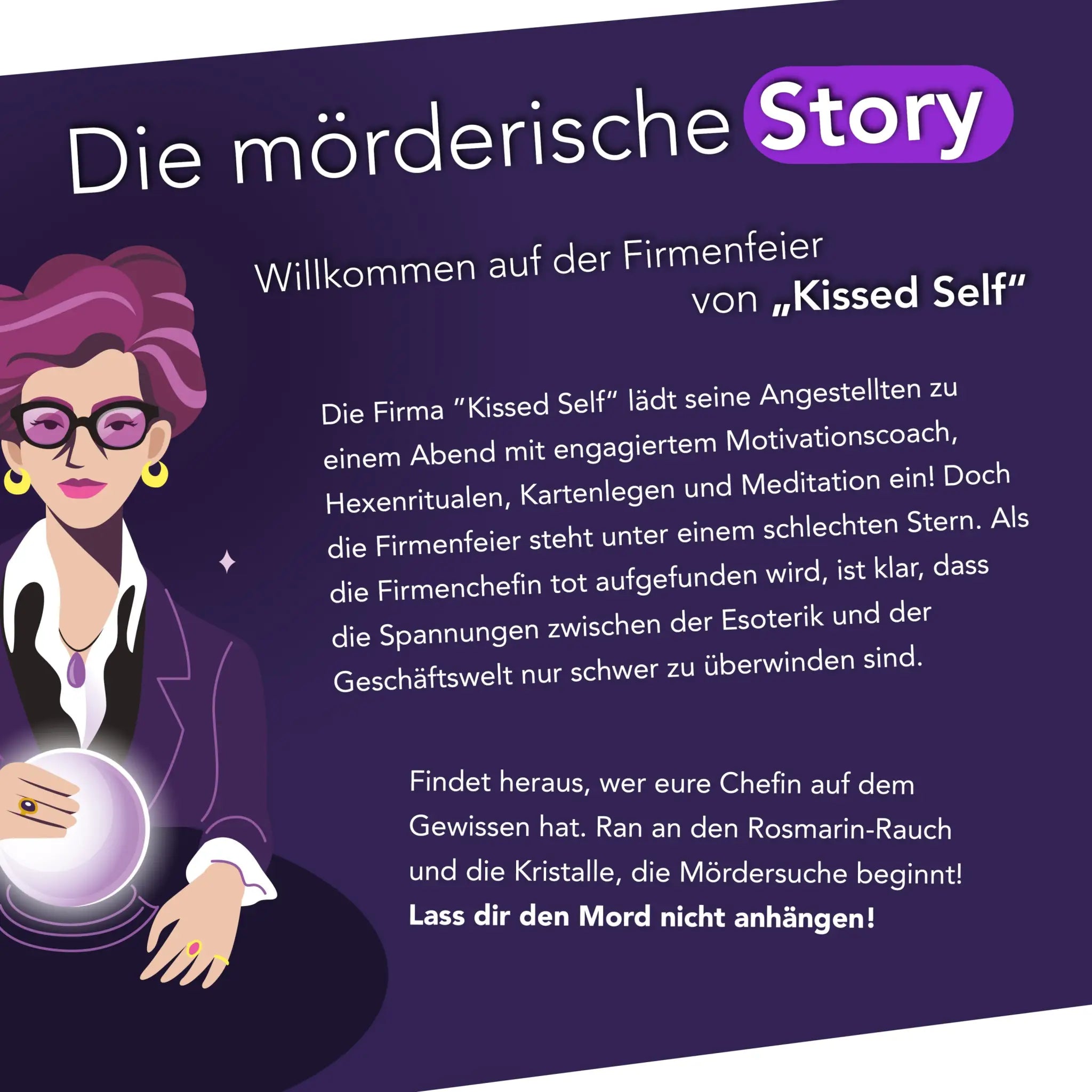 Purplehaarige cartoon frau mit brillen und schwarzweiß anzug hält leuchtende kristallkugel krimidinner das letzte meeting 8-10 personen