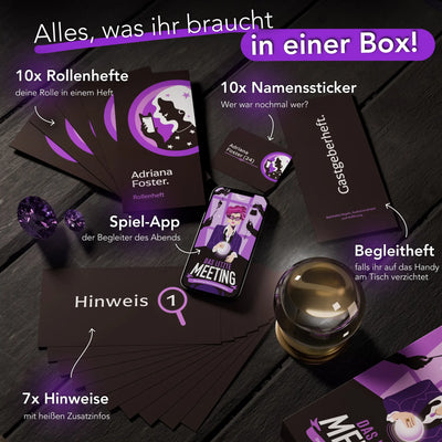 Partyspiel krimidinner das letzte meeting mit violett schwarzen rollenblättern namensstickern smartphone app und zubehör für 8-10 personen