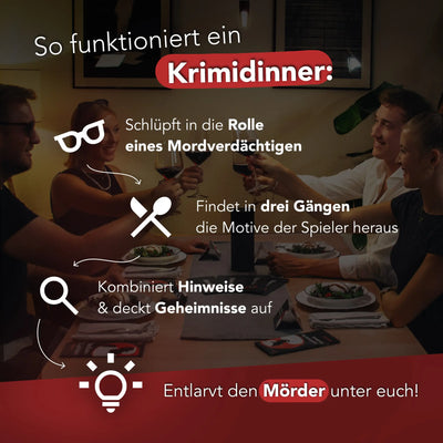 Rotes banner mit weißem text so funktioniert ein krimidinner und symbolen für krimidinner der letzte pate 4-6 personen