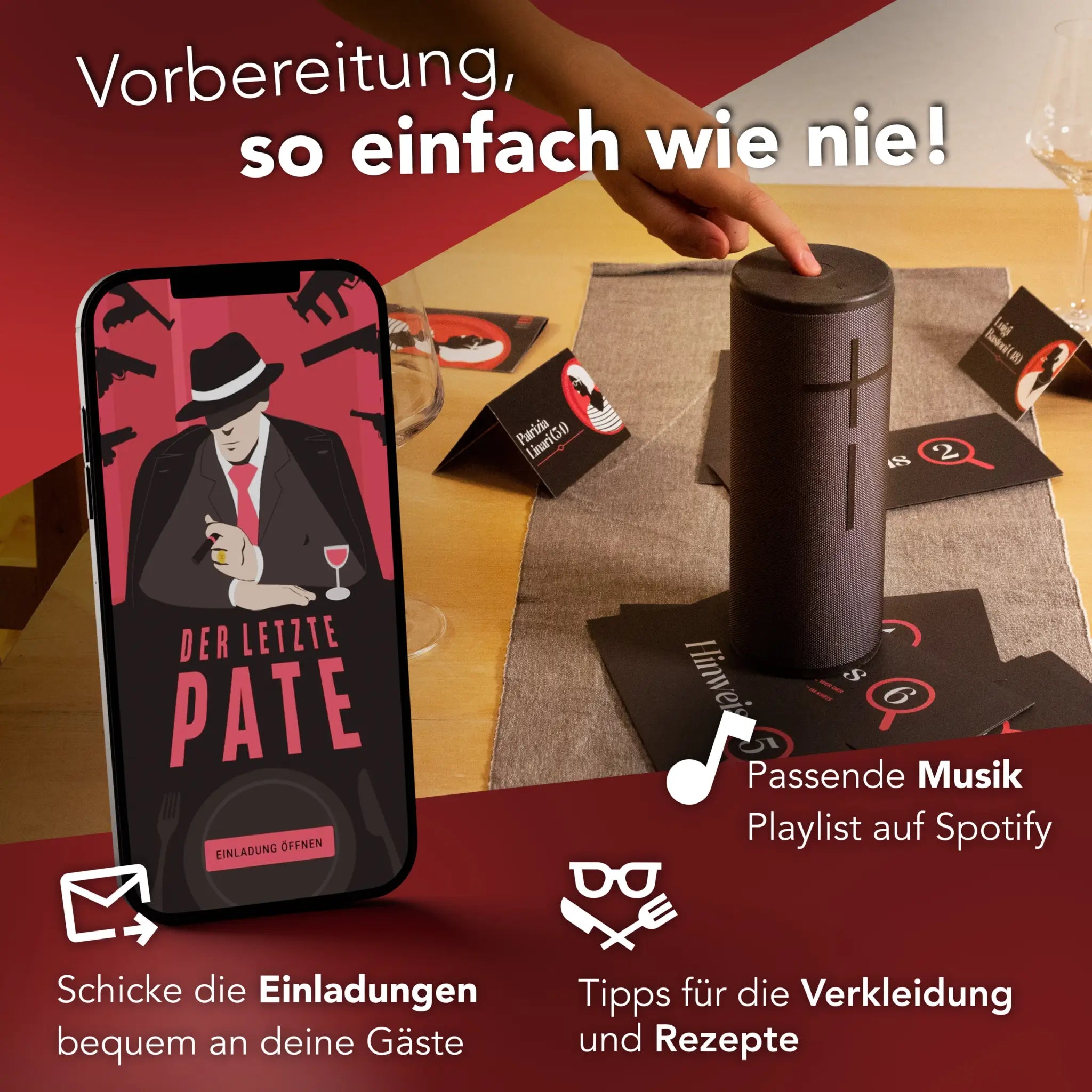 Schwarzer zylindrischer lautsprecher mit strukturierter oberfläche und knopfleiste für krimidinner der letzte pate 4-6 personen