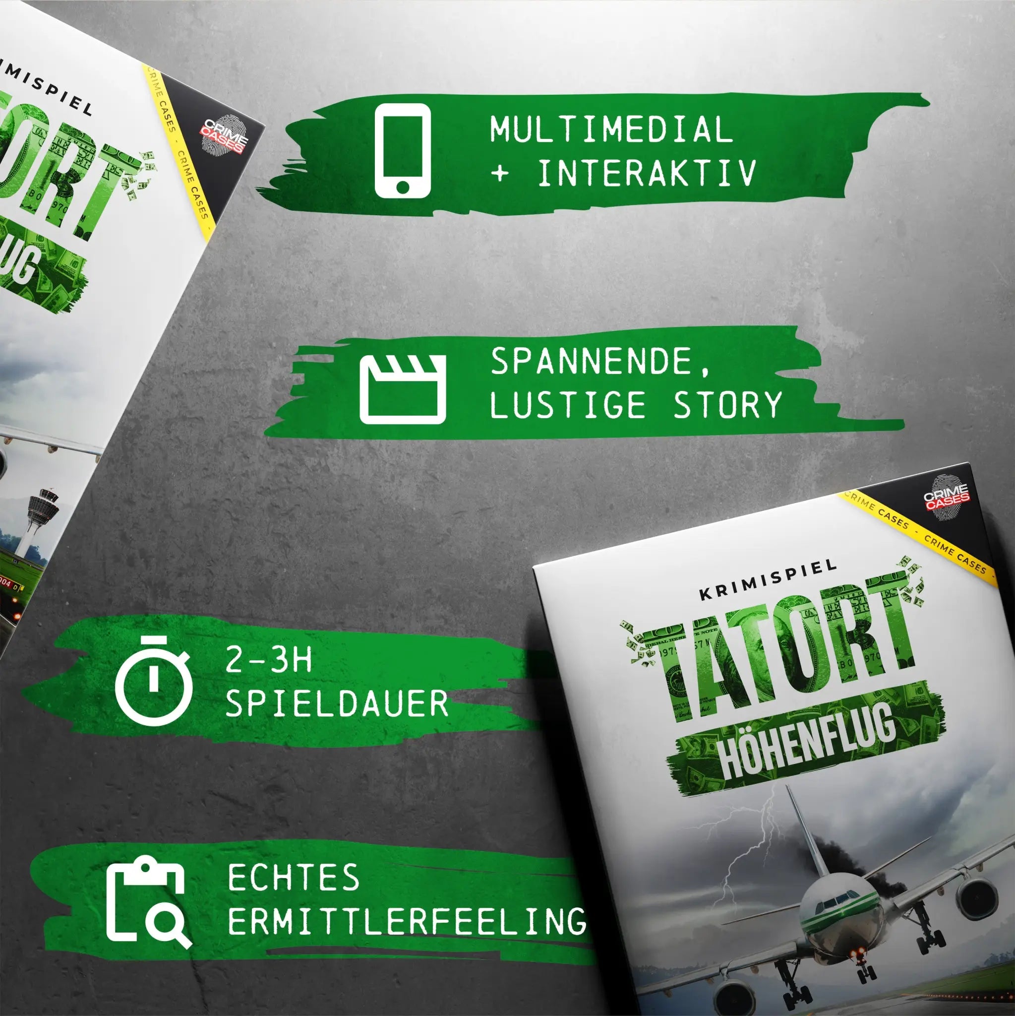White and green krimispiel tatort höhenflug box with jetliner on cover for crime mystery game fans