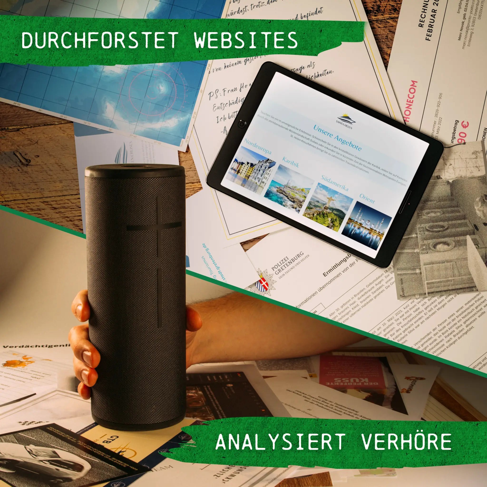 Schwarzer zylindrischer lautsprecher mit texturierter oberfläche und diskreter kreuzförmiger vertiefung vor dem spiel krimispiel tatort höhenflug