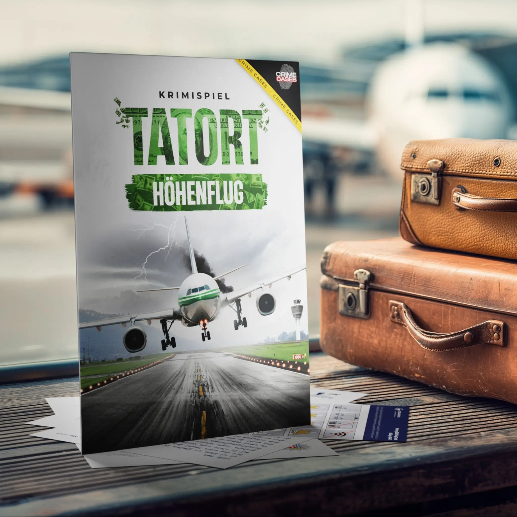 grün weißes krimispiel buch tatort höhenflug mit flugzeug auf landebahn und vintage lederkoffern