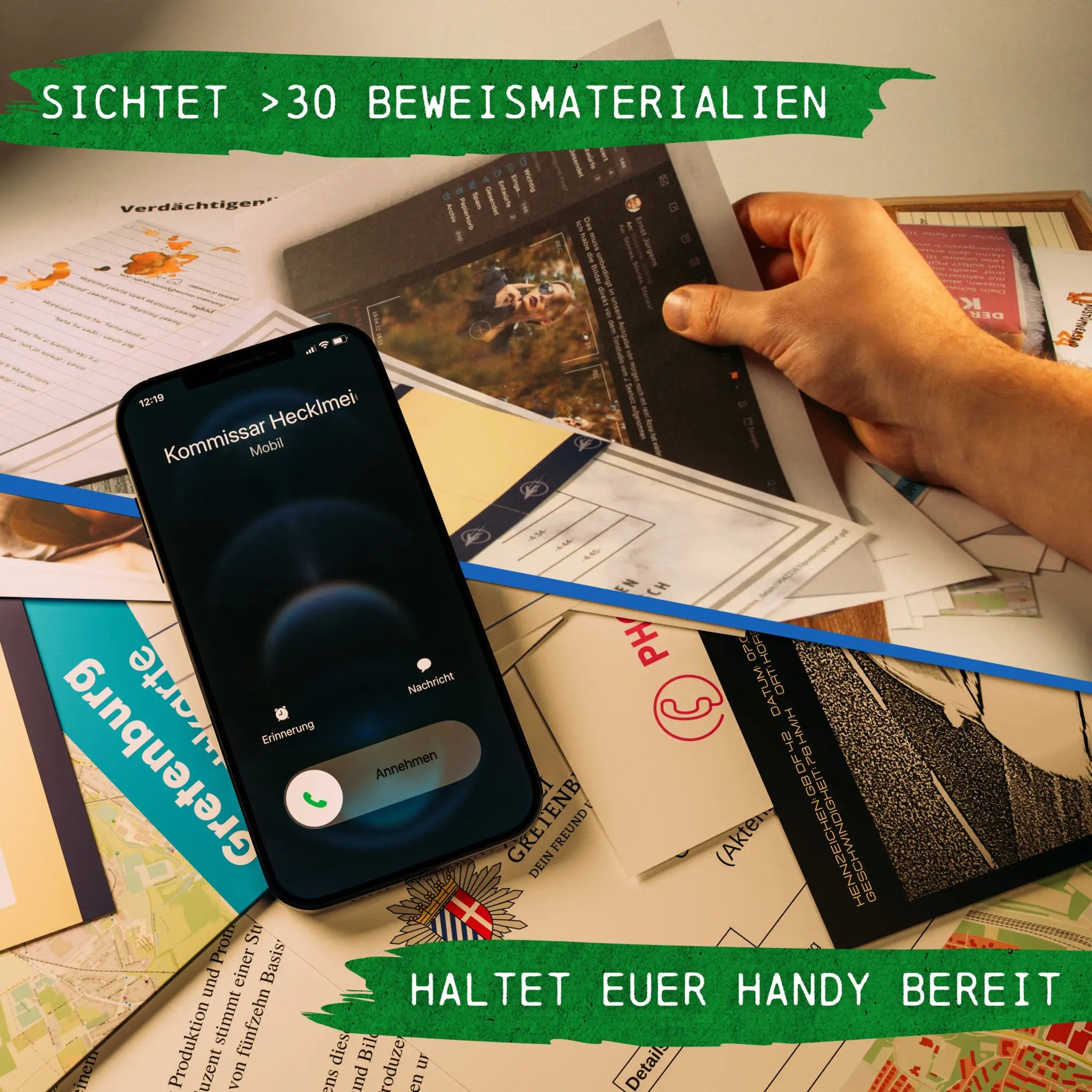 Schwarzes iphone zeigt eingehenden anruf von kommissar heckmei mit dunklem blauen bildschirm im krimispiel tatort höhenflug