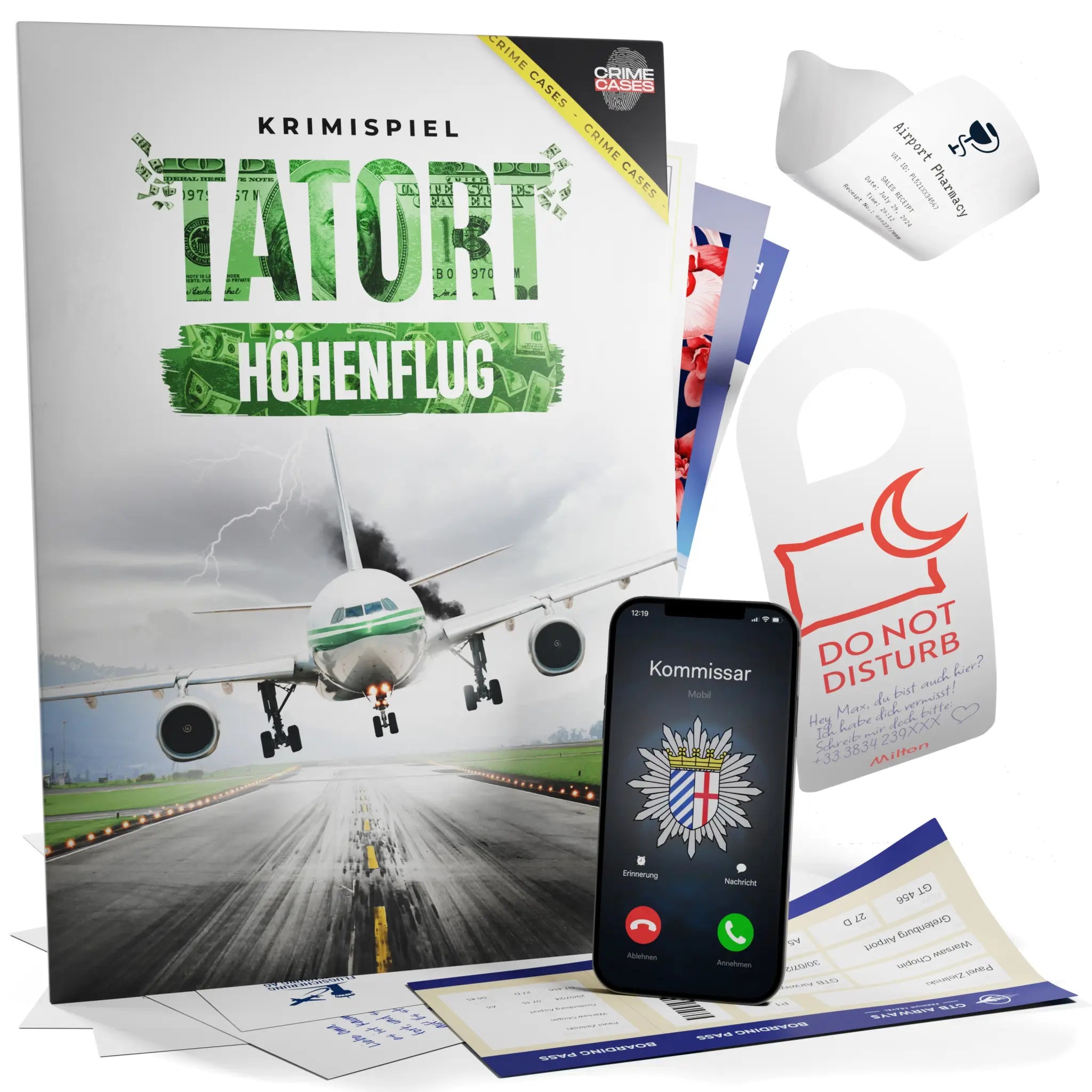 Krimispiel tatort höhenflug mit dramatischem cover eines landenden flugzeugs in grün und schwarz