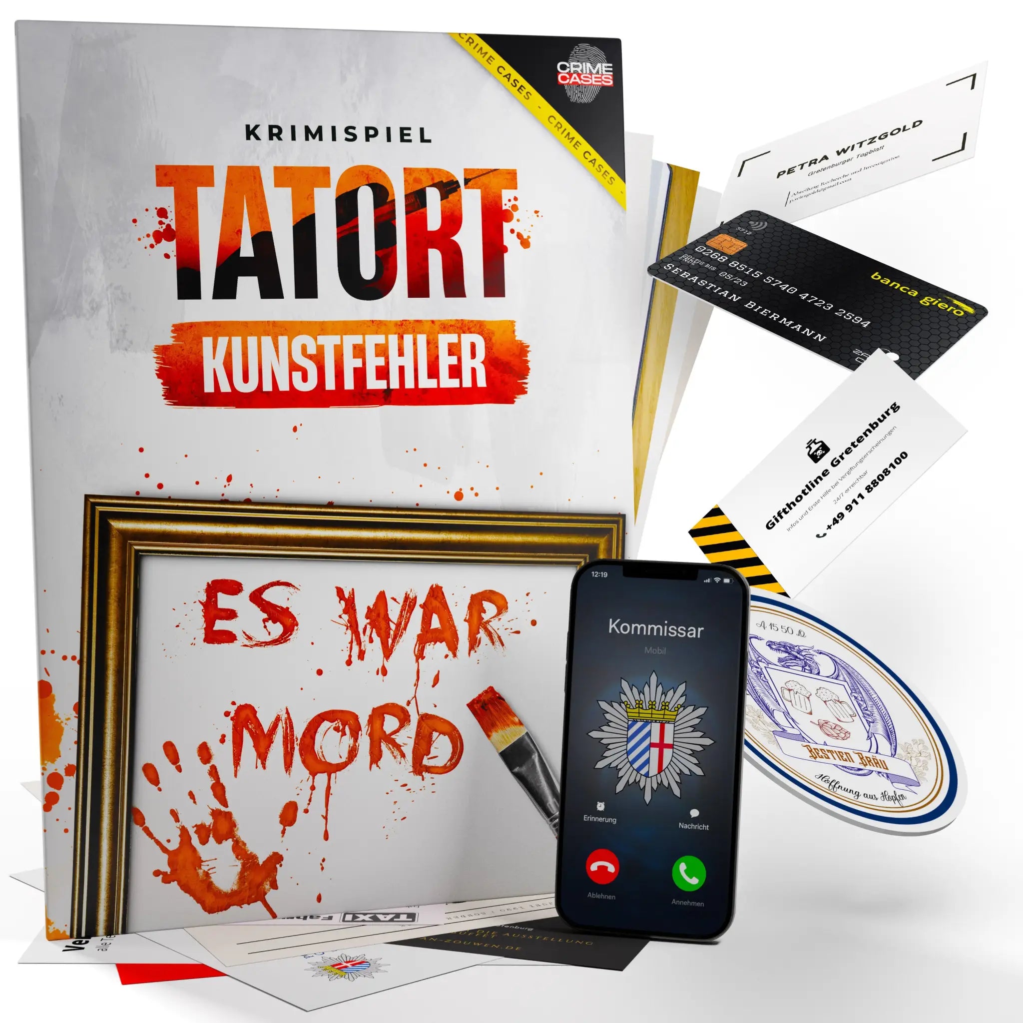 Weißer und oranger krimispielbox tatort kunstfehler mit splatter-design für spannende kriminalfälle