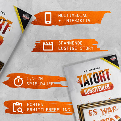 Weißes krimispiel buch mit orangem und schwarzem text titel tatort kunstfehler in fetter schrift auf dem cover