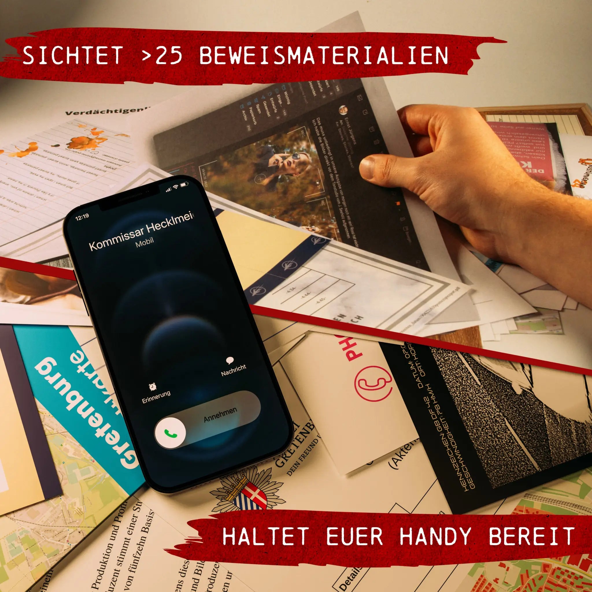 Schwarzes iphone mit eingehendem anruf von kommissar heckmeier im krimispiel tatort tonstudio display