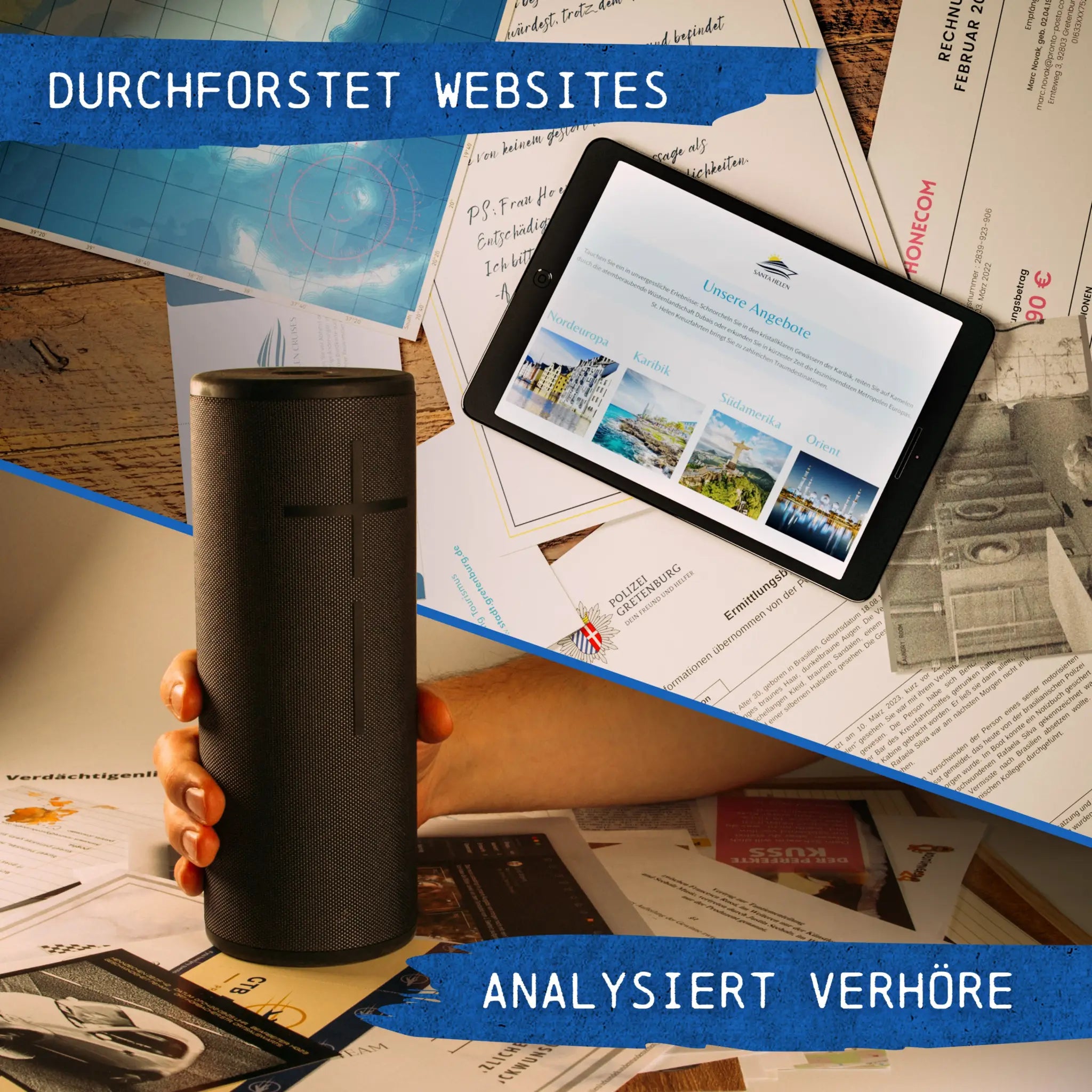 Schwarzer zylindrischer speaker mit strukturierter oberfläche und kleinem kreuzemblem für krimispiel tatort traumschiff