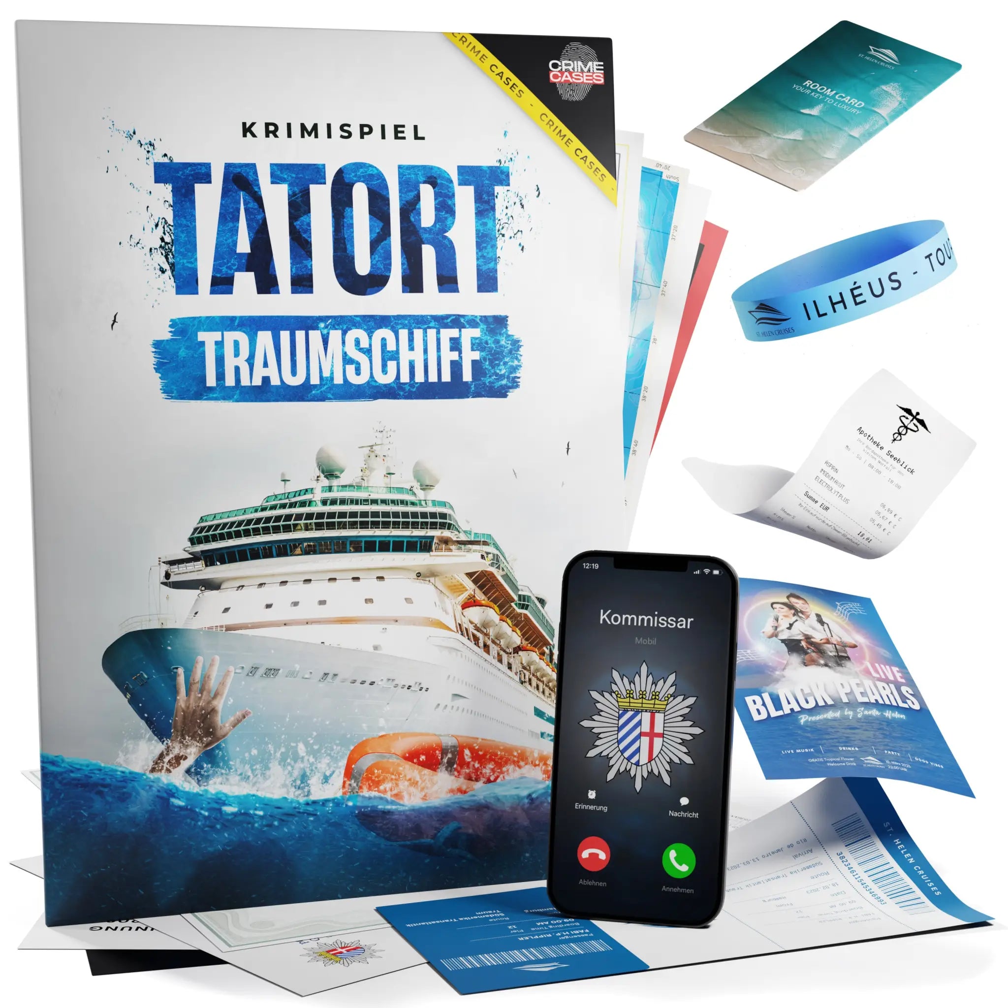 Krimispiel tatort traumschiff mit blau weißem boxdesign und grafik eines luxusschiffs auf dem ozean