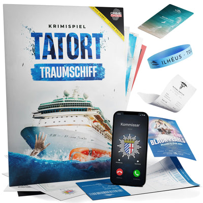 Krimispiel tatort traumschiff mit blau weißem boxdesign und grafik eines luxusschiffs auf dem ozean