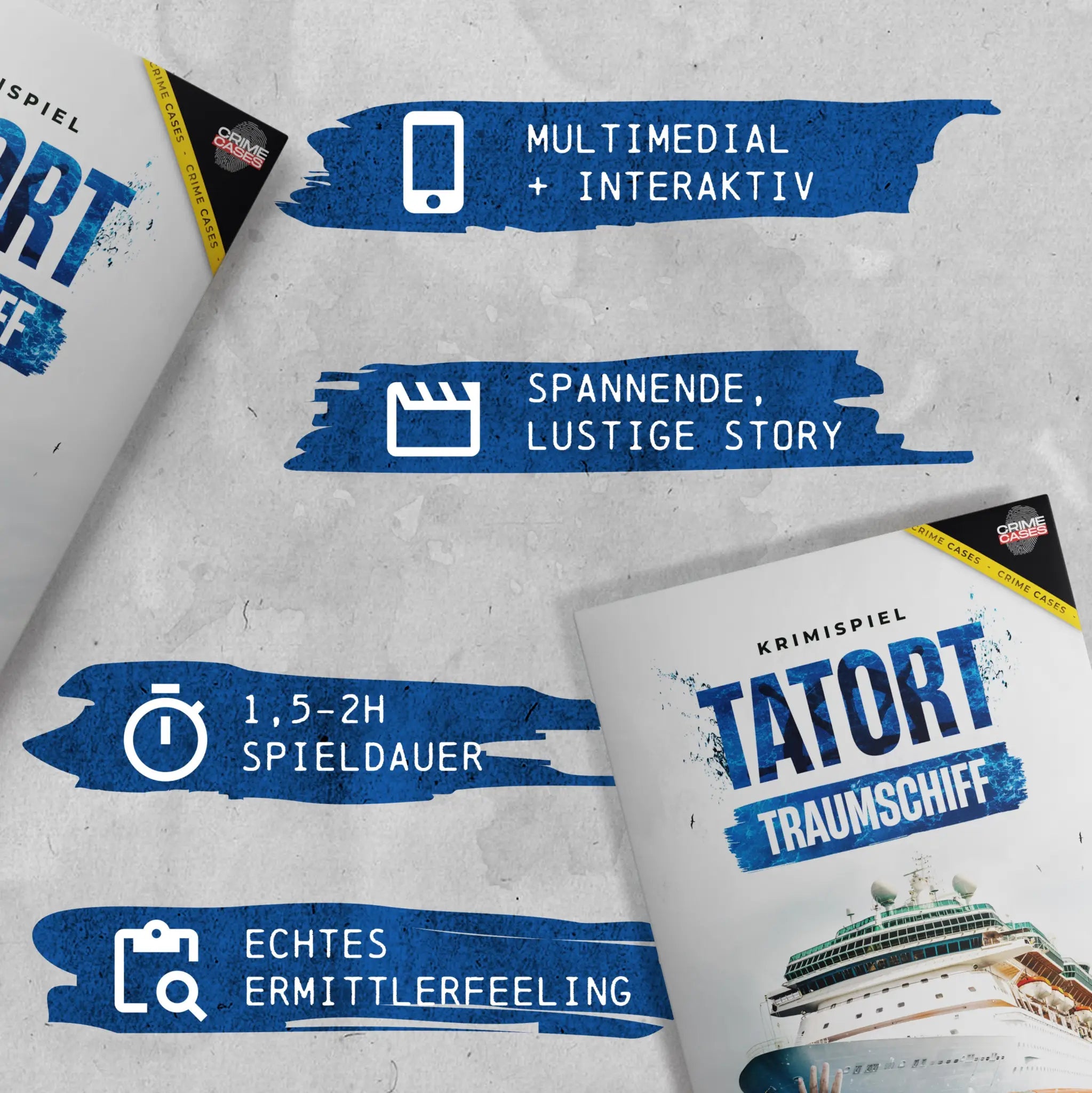 Weiß-blaues krimibuch tatort traumschiff mit illustrationscover eines kreuzfahrtschiffs im krimispiel