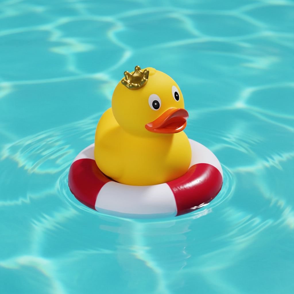 Eine gelbe quietsche-ente mit goldener krone steht auf einem rot-weißen schwimmring zum baden