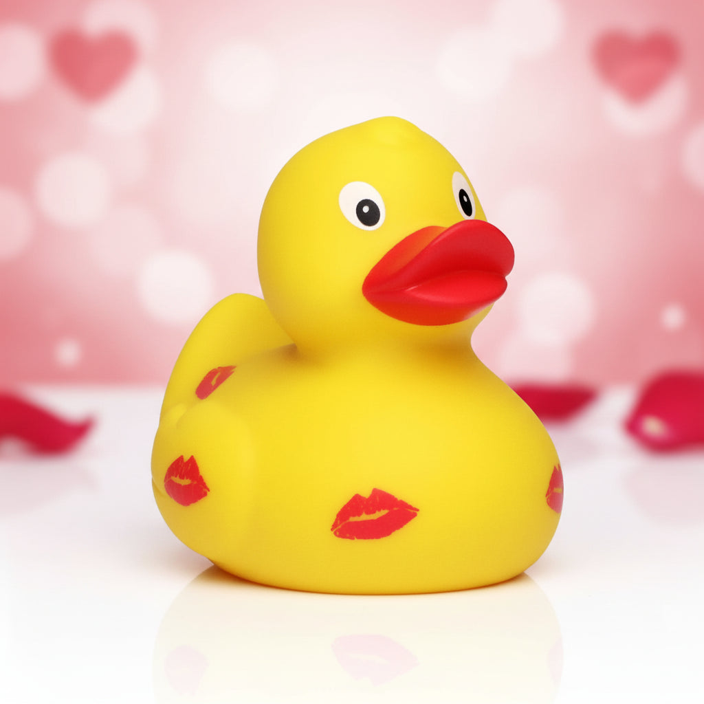 Gelbe quietscheente mit roten lippenstiftabdrücken und rotem schnabel perfekt für valentinstag und hochzeit