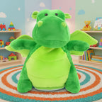 Ein plush grüner laber-drache rupert aus weichem samtstoff mit schwarzen knopfaugen zum nachplappern