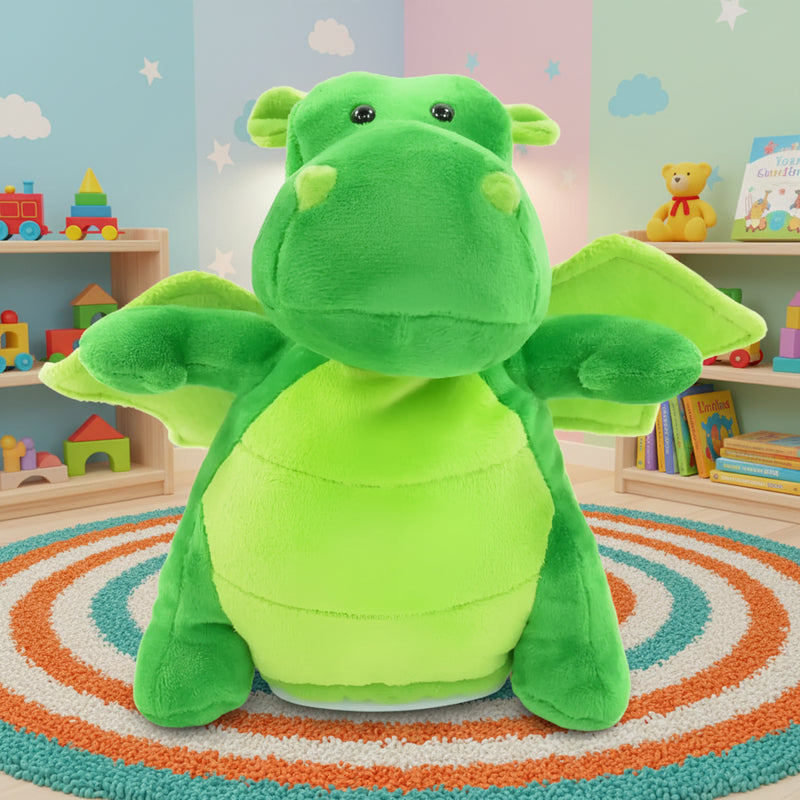 Ein plush grüner laber-drache rupert aus weichem samtstoff mit schwarzen knopfaugen zum nachplappern
