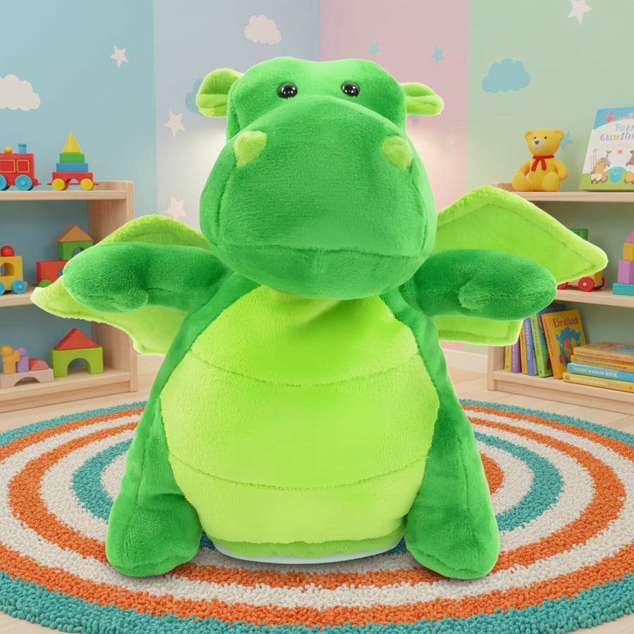 Ein plush grüner laber-drache rupert aus weichem samtstoff mit schwarzen knopfaugen zum nachplappern