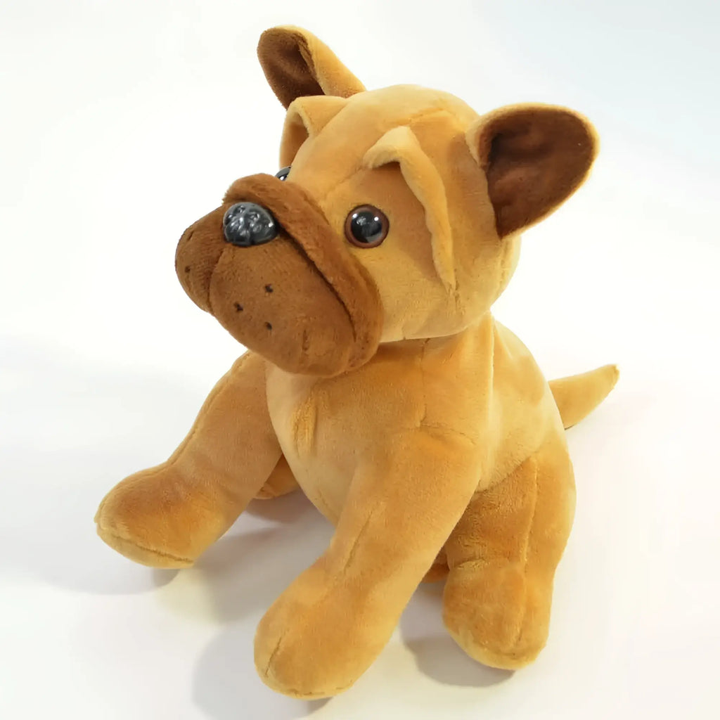 Plüschige französische bulldogge robert in beige mit dunklen ohren und schwarzen näschen, ein frecher spaßmacher zum nachplappern