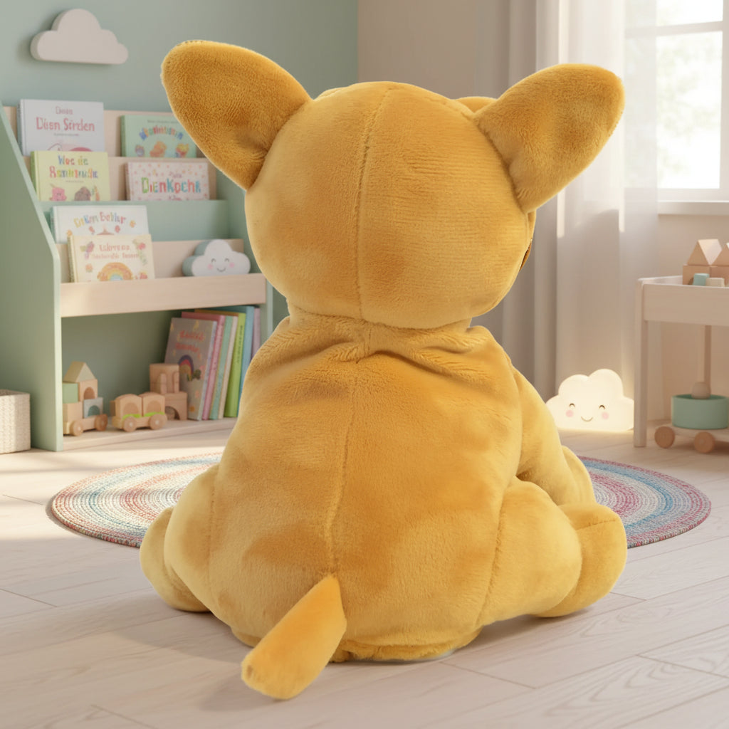 A plush tan laber-french bulldog dog toy robert with soft velvety fabric and pointed ears for playful fun