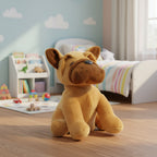 Ein plüschiger tan französische bulldogge spielzeug mit braunen ohren und dunkelblauer nase namens robert zum nachplappern