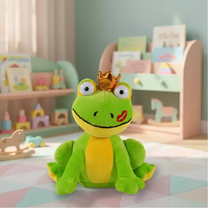 Ein grüner plüschfrosch otto mit gelbem bauch, goldener krone und rotem Lippenstift als frecher quasselfrosch