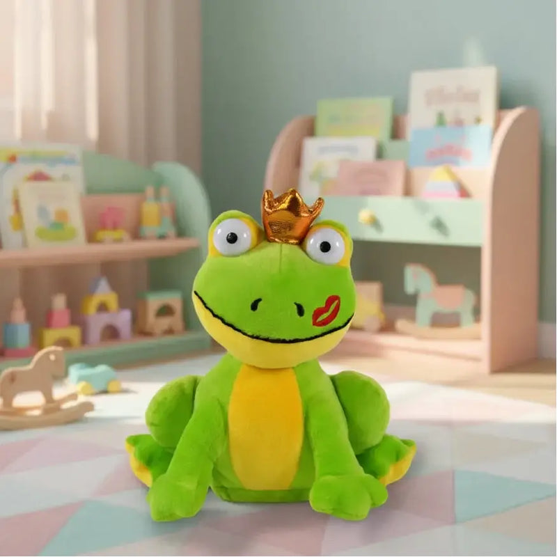Ein grüner plüschfrosch otto mit gelbem bauch, goldener krone und rotem Lippenstift als frecher quasselfrosch