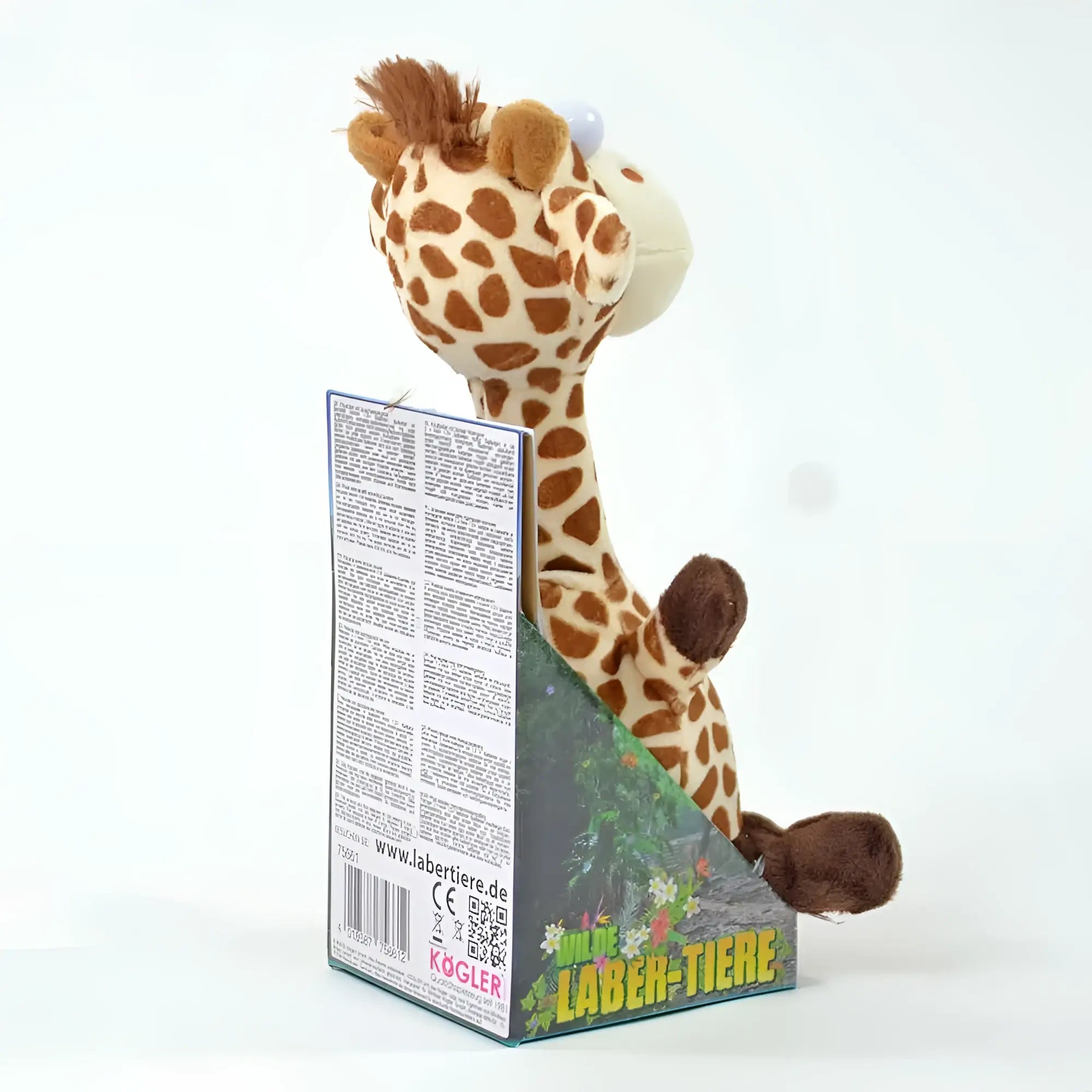 Ein kuscheliges laber-giraffe fleckchen plüschtier mit cremefarbenem body, braunen punkten und drehbewegung