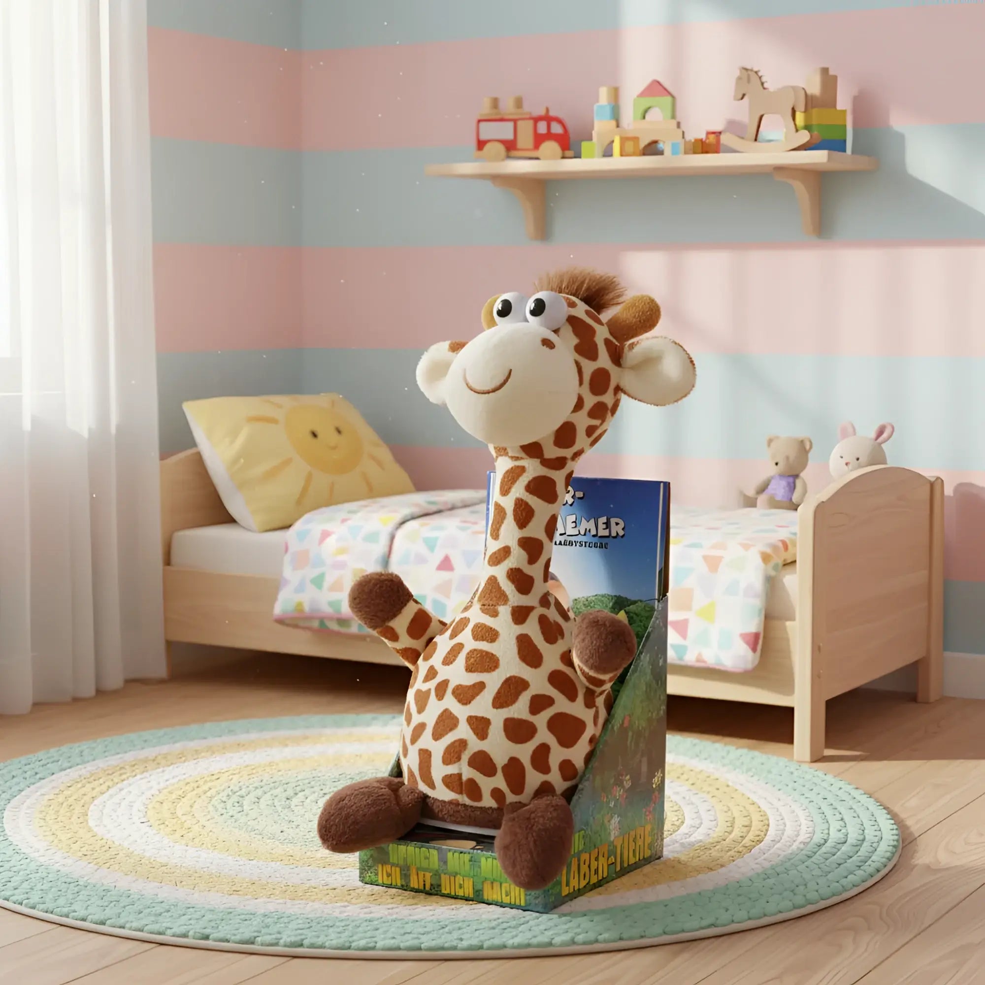 Plüsch giraffe spielzeug fleckchen mit braun creme spots weichem stoff freundlich sitzt im kinderzimmer