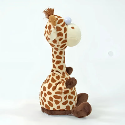 Ein laber-giraffe fleckchen plüschtier mit cremefarbener saftigem stoff und großen blauen augen für drehspaß