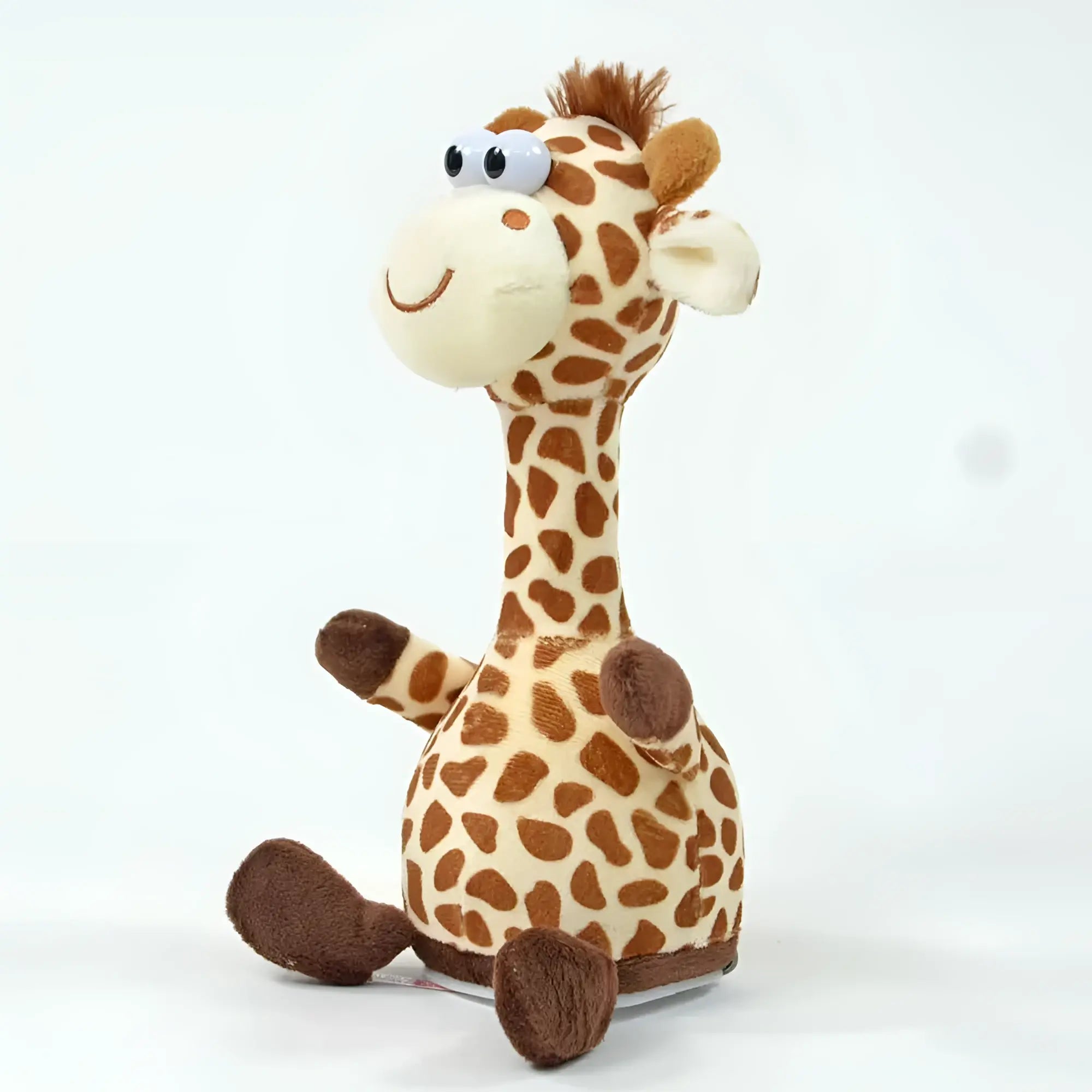 Ein kuscheliges laber-giraffe fleckchen mit cremefarbenem körper, braunen punkten, großen wackelaugen und drehbewegung