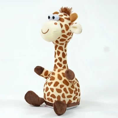 Ein kuscheliges laber-giraffe fleckchen mit cremefarbenem körper, braunen punkten, großen wackelaugen und drehbewegung