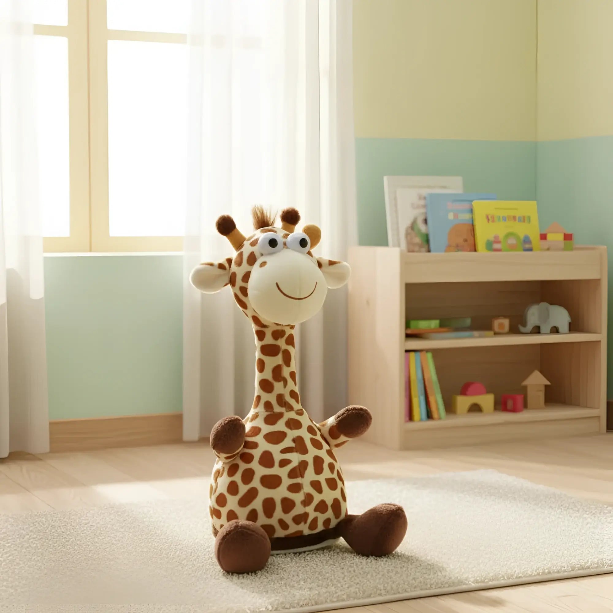 Ein flauschiges laber-giraffe fleckchen mit cremefarbenem körper braunen punkten großen augen und drehbewegungspaß