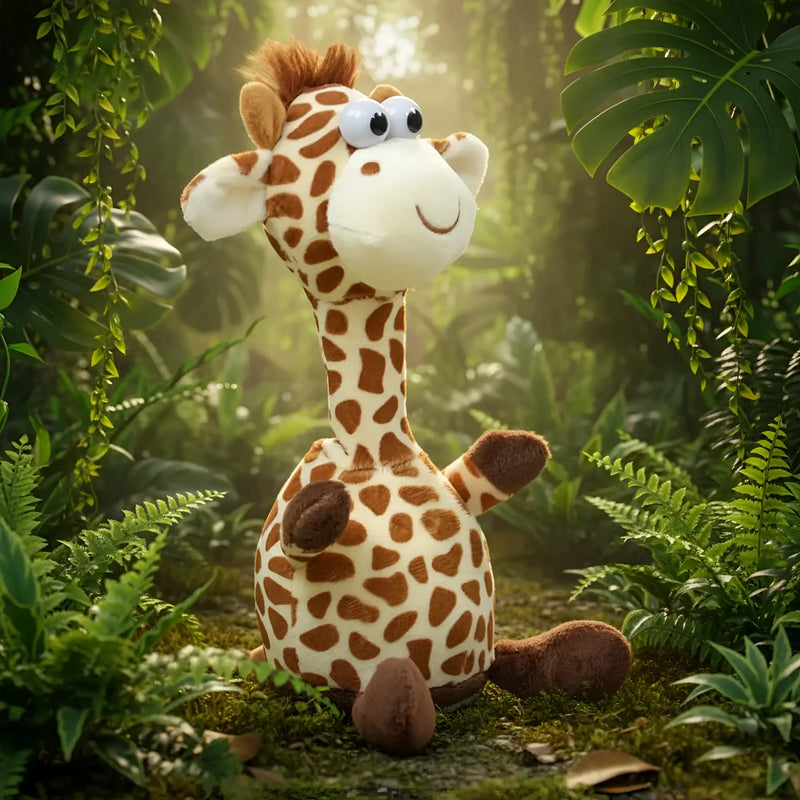A plush giraffe toy laber-giraffe fleckchen cream with brown spots big blue eyes and spinning fun feature