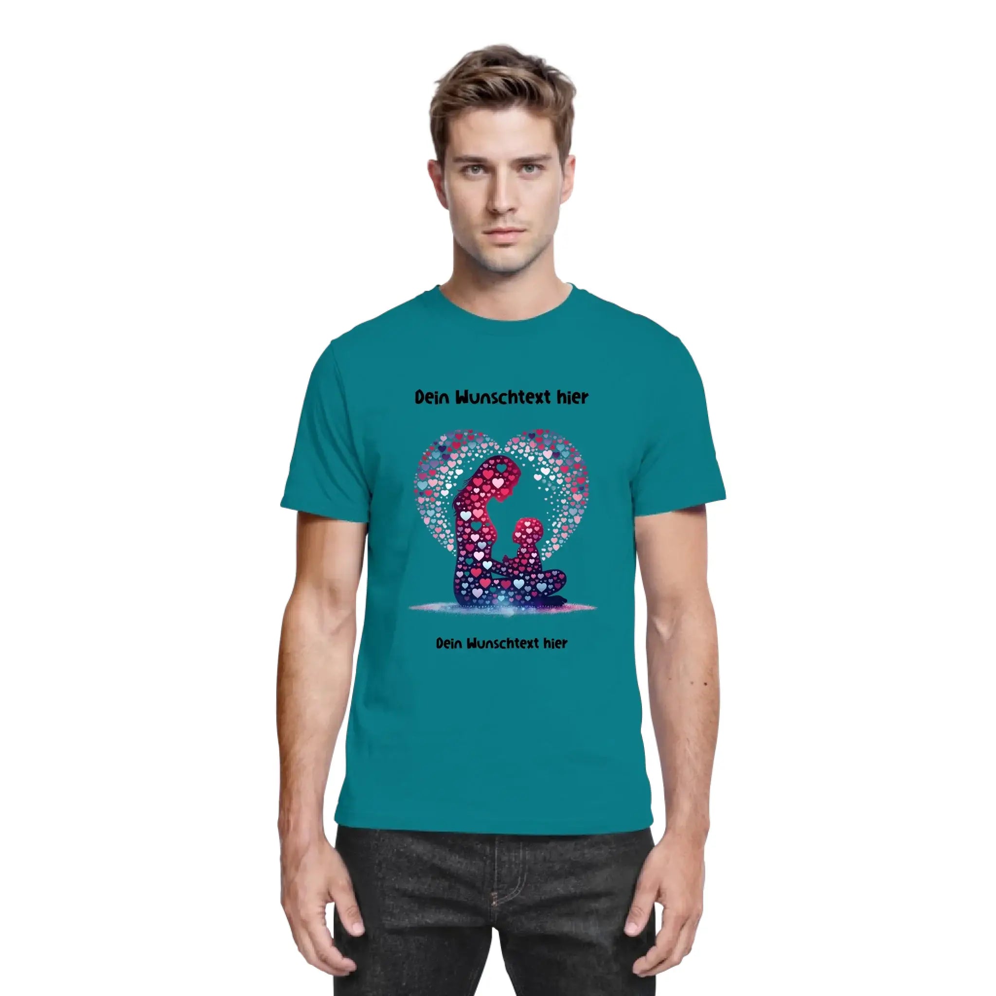 Petrolfarben baumwoll t shirt mit herz design aus rosa und lila herzen und deinem wunschtext lache liebe lebe beste mama