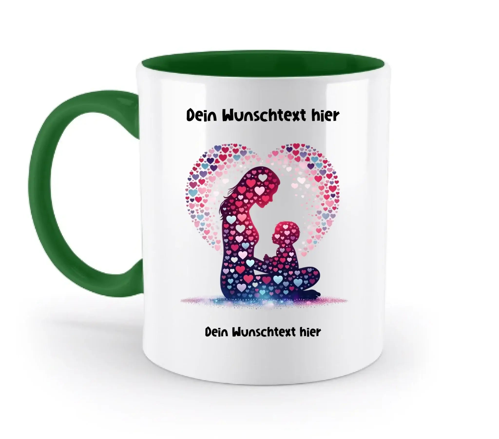 Weiße keramiktasse mit grünem griff und innenfarbe mit buntem herzdesign mutter und kind beste mama
