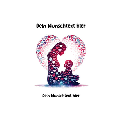Silhouette einer mutter und eines kindes aus bunten herzen vor herzförmigem hintergrund für beste mama artikel